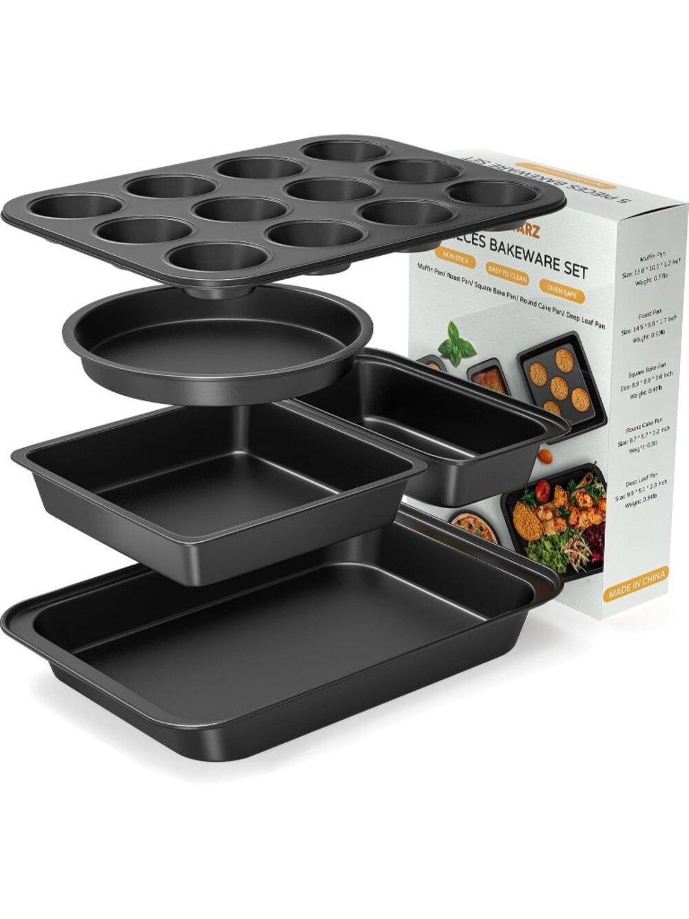 5-Piece Black Baking Sheet Set Including Round/Square Cake Pan Baking Pans Set